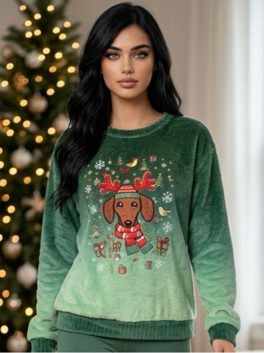 2 for $30 | Green Dachshund Holiday Furry Pullover
